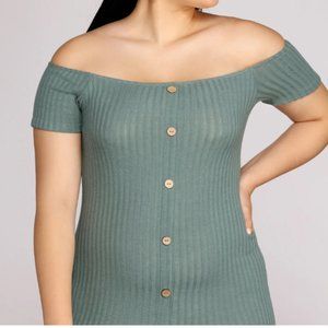 3X Olive color  Ribbed Off-shoulder Buttoned Dress